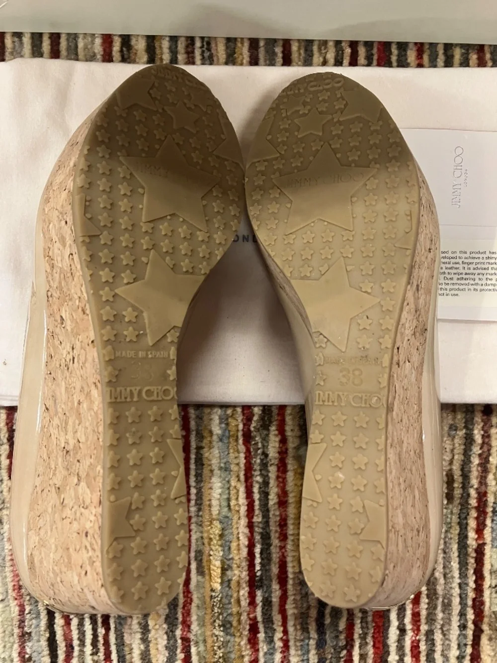 NEW Jimmy Choo USA 7 - Open Toe, Nude (Tan, Beige), Patent Leather, Cork Wedges